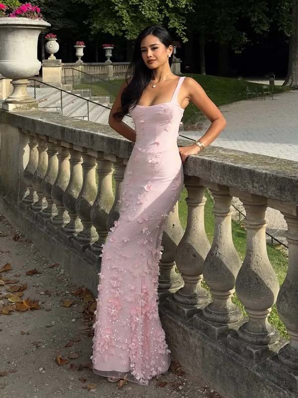 Pink 3D Floral Mermaid Maxi Dress | Square Neck Lace-Up Back Formal Gown for Weddings & Prom