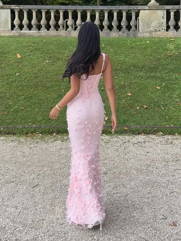Pink 3D Floral Mermaid Maxi Dress | Square Neck Lace-Up Back Formal Gown for Weddings & Prom