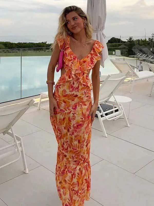 Tie-Dye Ruffle Cutout Maxi Dress | Deep V-Neck Open-Back Summer Gown