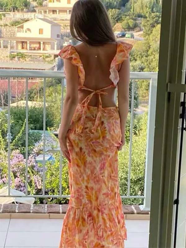 Tie-Dye Ruffle Cutout Maxi Dress | Deep V-Neck Open-Back Summer Gown