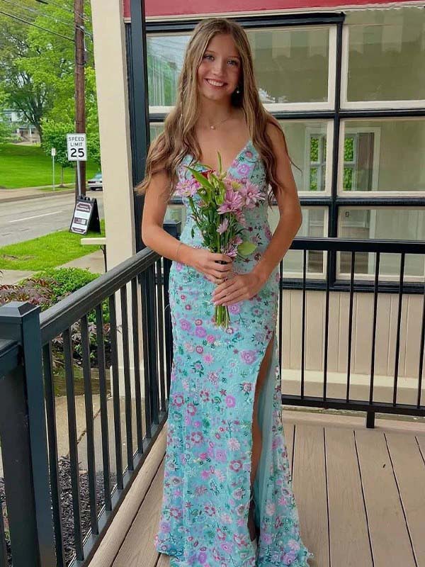 Pastel Floral Lace-Up Back Mermaid Maxi Dress | Spaghetti Strap Prom Gown for Weddings