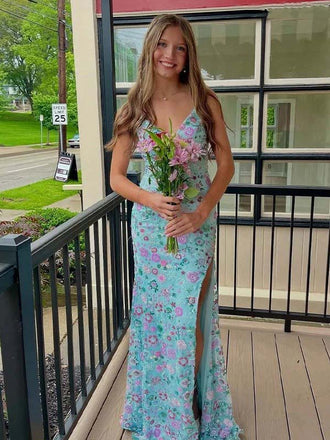 Pastel Floral Lace-Up Back Mermaid Maxi Dress | Spaghetti Strap Prom Gown for Weddings