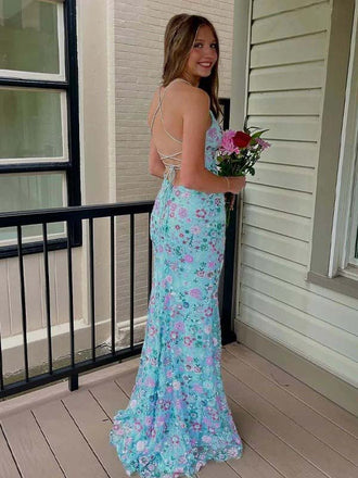 Pastel Floral Lace-Up Back Mermaid Maxi Dress | Spaghetti Strap Prom Gown for Weddings