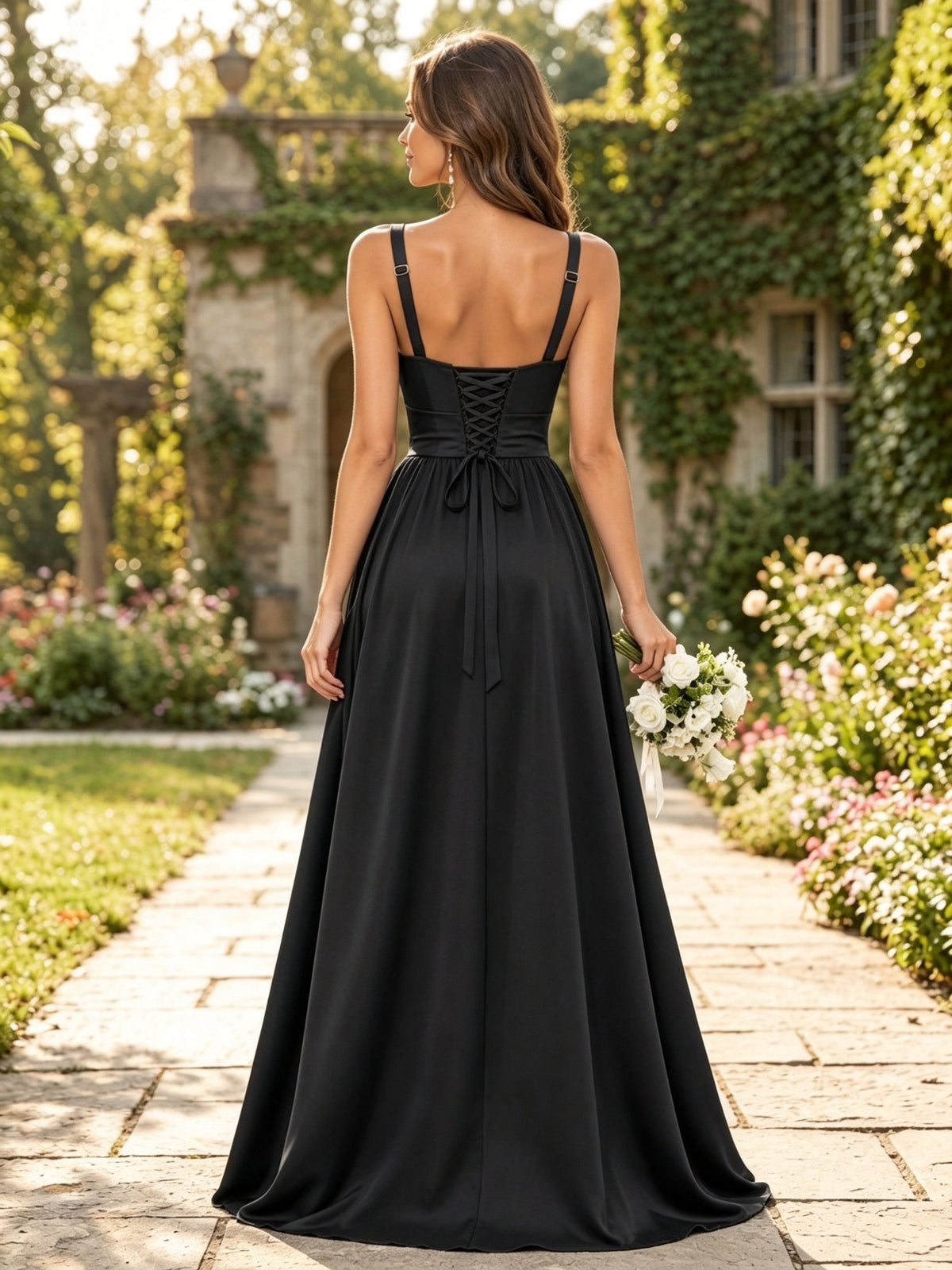 Black Satin Spaghetti Strap Cowl Neck A-Line Long Bridesmaid Dress With Side Slit