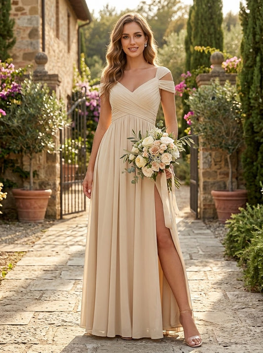 Champagne Chiffon V Neck Off The Shoulder A Line Ruched Side Slit Long Bridesmaid Dress