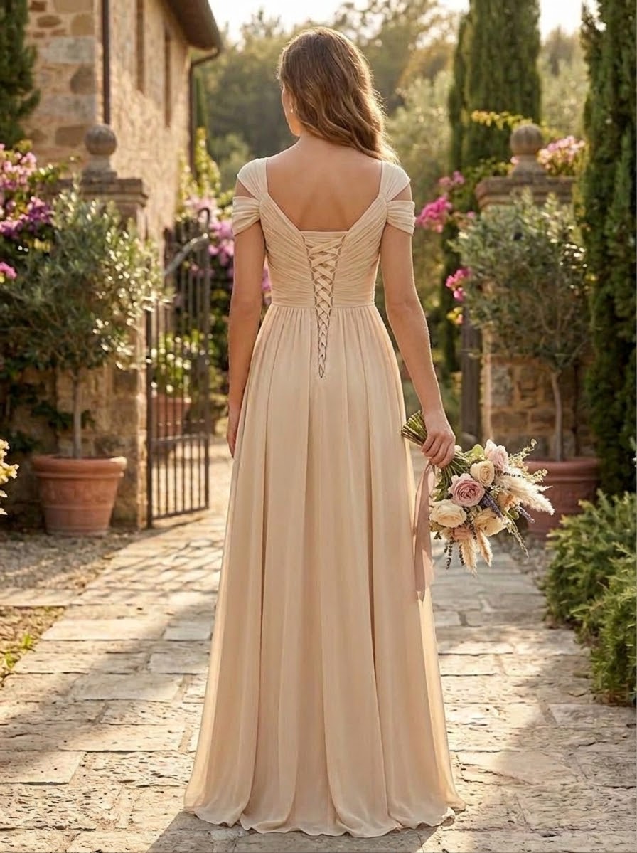 Champagne Chiffon V Neck Off The Shoulder A Line Ruched Side Slit Long Bridesmaid Dress