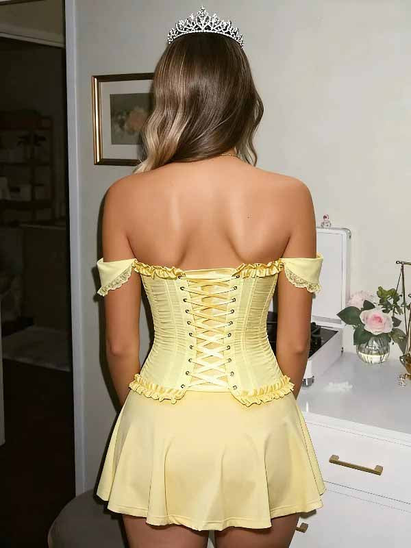 Charming Corset-style Yellow V-neck Off Shoulder A-line Homecoming Dress Short Mini Dress With A Ruffled Hem