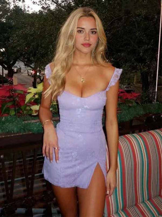 Charming Lace V-neck Lace Straps Side Slit Appliques Bodycon Short Mini Dress Homecoming Dress