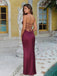 Charming Wine Red Satin Sweetheart Beaded Spaghetti Strap Halter Backless Mermaid Long Prom Dress