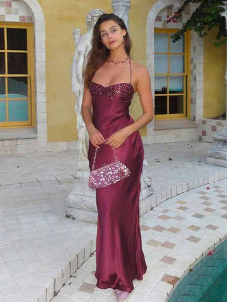 Charming Wine Red Satin Sweetheart Beaded Spaghetti Strap Halter Backless Mermaid Long Prom Dress