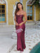 Charming Wine Red Satin Sweetheart Beaded Spaghetti Strap Halter Backless Mermaid Long Prom Dress