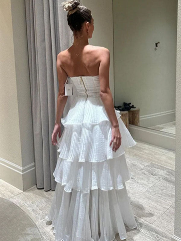 Chic Chiffon White Strapless A-line Zipper Long Prom Dress