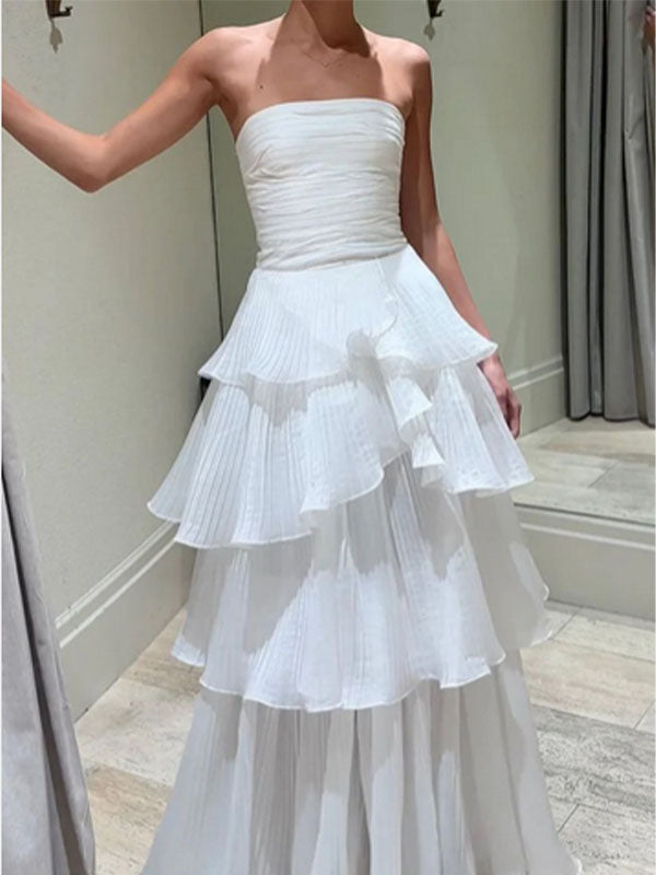 Chic Chiffon White Strapless A-line Zipper Long Prom Dress