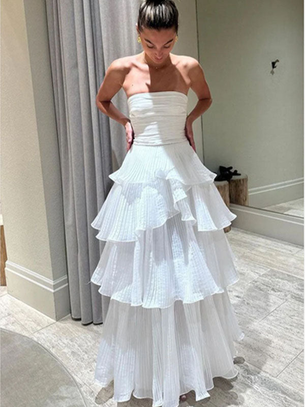 Chic Chiffon White Strapless A-line Zipper Long Prom Dress