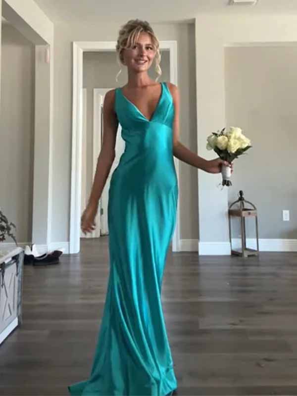 Chic Satin V-neck Backless Mermaid Long Prom Dress