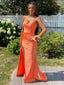Classic Satin Orange Sweetheart Strapless Pleats Mermaid Side Slit Long Prom Dress