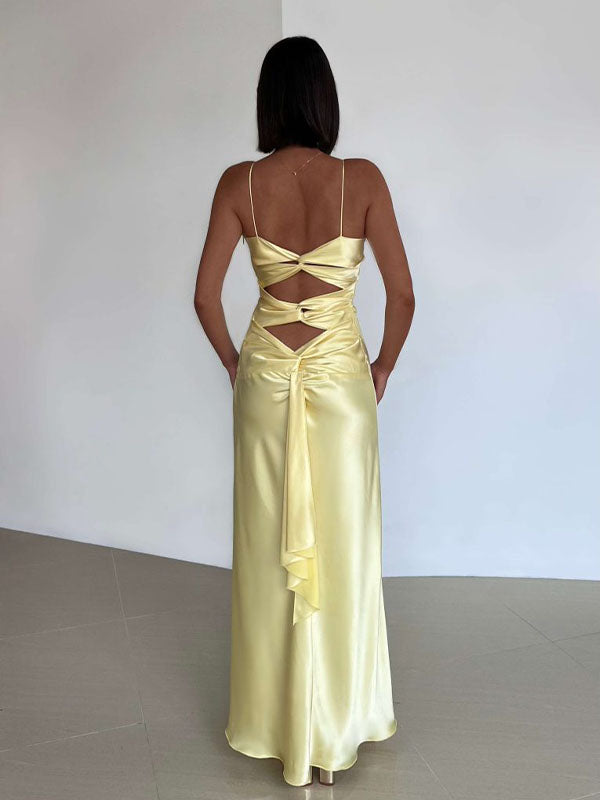 Classic Satin Yellow V-neck Spaghetti Strap Bow-Tie Mermaid Long Prom Dress