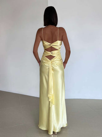 Classic Satin Yellow V-neck Spaghetti Strap Bow-Tie Mermaid Long Prom Dress
