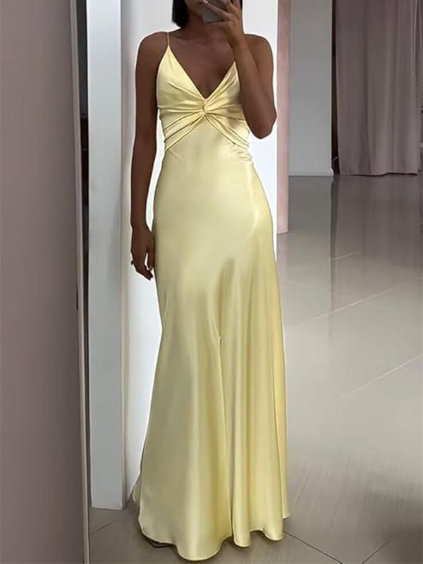 Classic Satin Yellow V-neck Spaghetti Strap Bow-Tie Mermaid Long Prom Dress