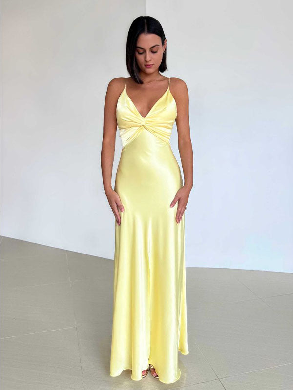 Classic Satin Yellow V-neck Spaghetti Strap Bow-Tie Mermaid Long Prom Dress