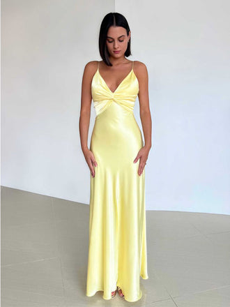 Classic Satin Yellow V-neck Spaghetti Strap Bow-Tie Mermaid Long Prom Dress