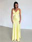 Classic Satin Yellow V-neck Spaghetti Strap Bow-Tie Mermaid Long Prom Dress