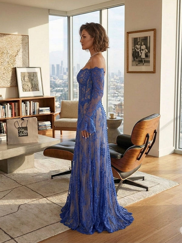 Elegant blue lace wedding guest dress full body