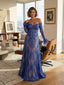 Blue Floral Lace Off-Shoulder Corset Evening Gown – Long Sleeve Formal Dress