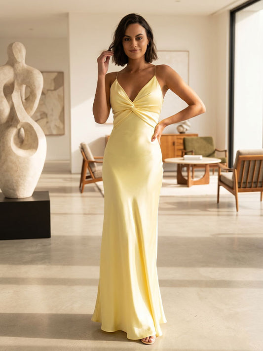 butter yellow ruched satin mermaid gown full view