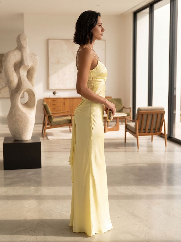 minimal luxury satin maxi dress soft yellow
