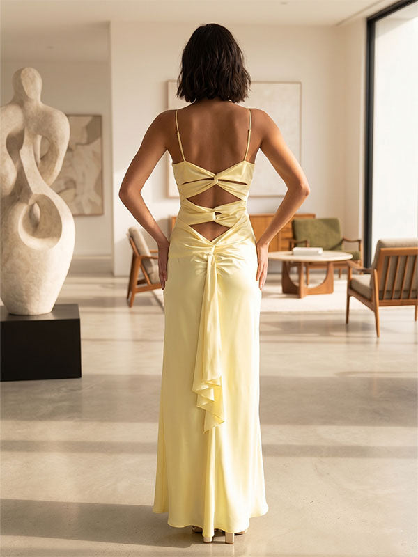 butter yellow ruched satin strapless mermaid gown full view open back