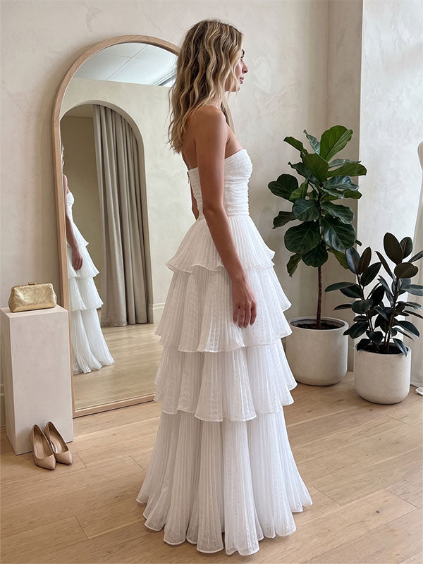 Cloud White Tiered Plissé Strapless Gown – Romantic A-Line Maxi Dress for Bridal Events & Destination Weddings
