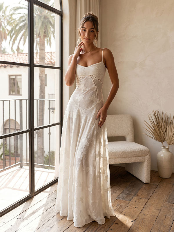 white 3d butterfly appliqué maxi dress full length front view romantic gown