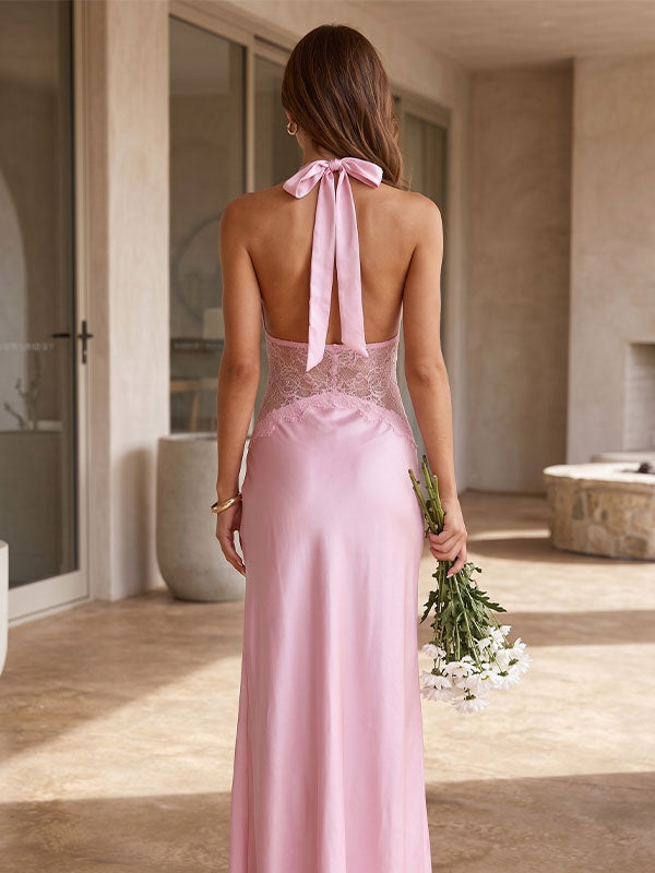 backless halter satin dress open back tie detail