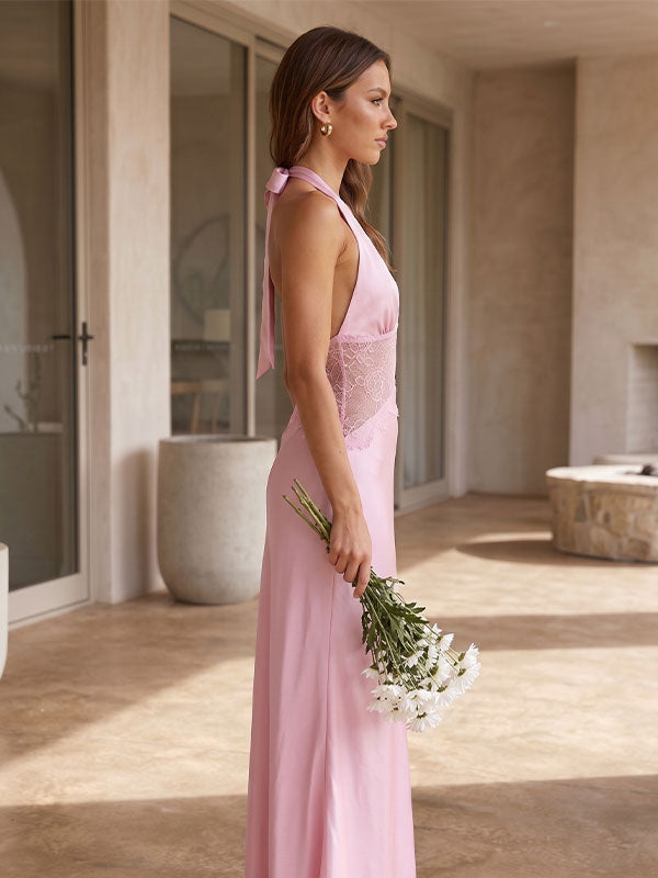 romantic lace waist halter dress european summer look