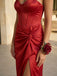 high slit movement leg reveal red satin gown walking