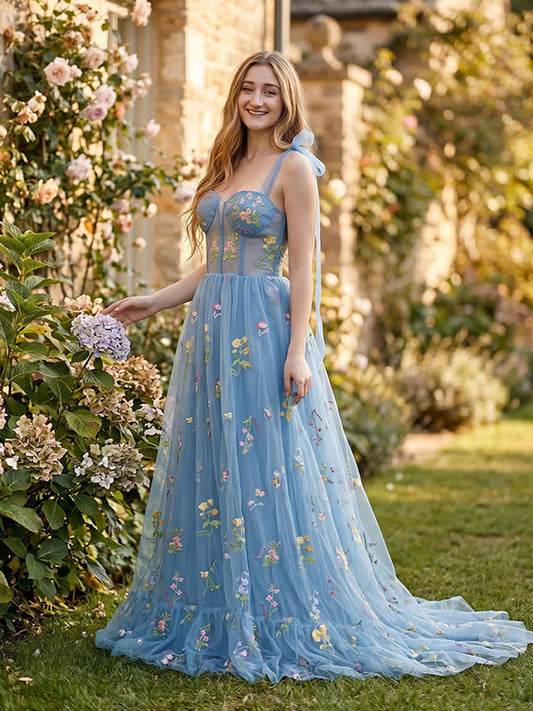 celestial blue embroidery tulle maxi dress full front view