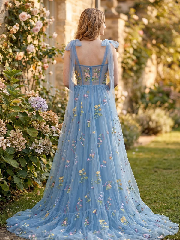 back view adjustable tulle bow strap maxi dress