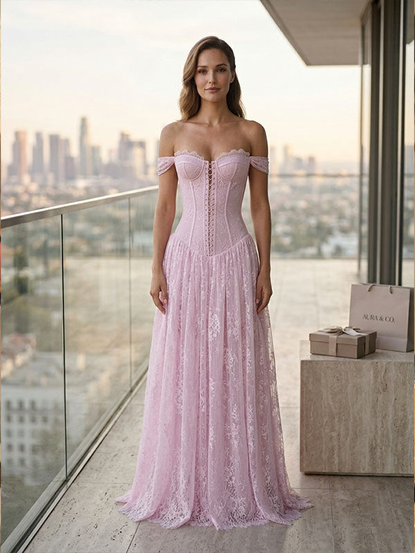 blush lace off shoulder evening gown front view