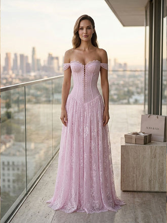 blush lace off shoulder evening gown front view