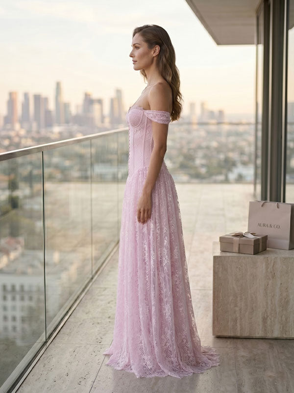 romantic lace evening gown soft blush tone full length
