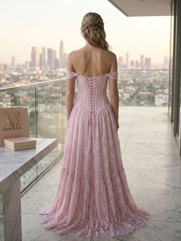 romantic lace up evening gown soft blush tone full length