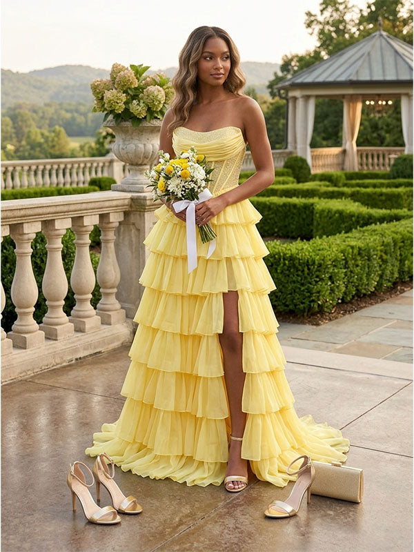 sunshine yellow tiered ruffle prom gown full view