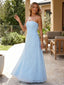 Sky Blue Ruched Mesh Strapless Gown – Elegant A-Line Maxi Dress for Wedding Guest & Summer Events