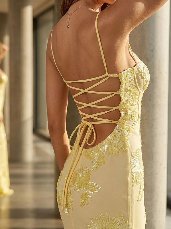 bright yellow sequin prom dress body hugging silhouette