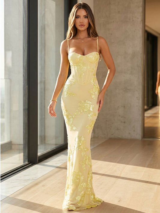 lemon yellow sequin corset mermaid dress full view