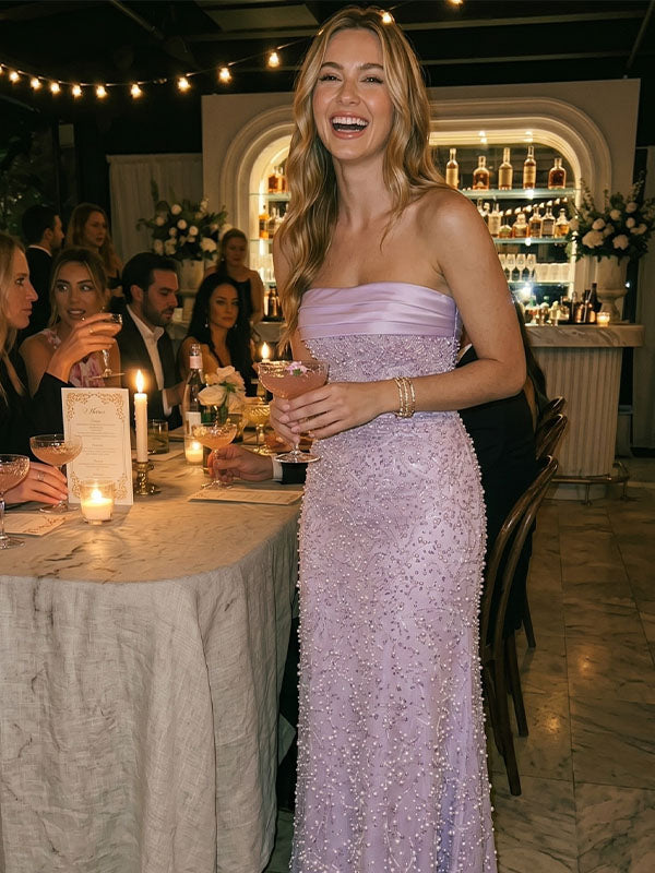 lavender pearl sequin strapless gown full view