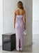 Lavender Pearl Sequin Column Gown – Strapless Ruched Satin Evening Dress with Back Slit