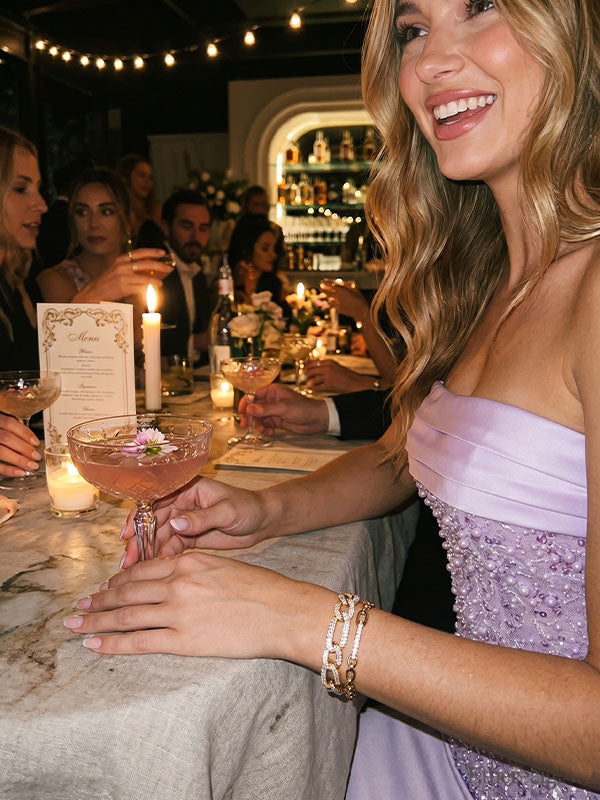 Lavender Pearl Sequin Column Gown – Strapless Ruched Satin Evening Dress with Back Slit
