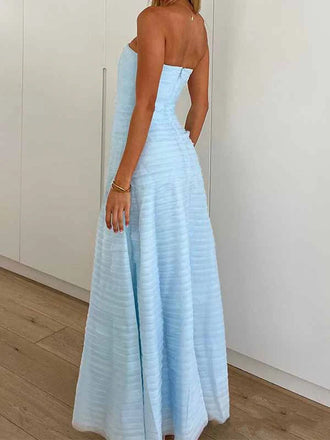 Elegant Light Blue Pleats Strapless A-line Long Prom Dress